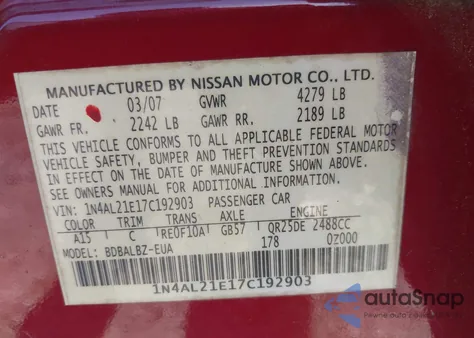2007 Nissan Altima 2.5 S from USA, damaged, VIN 1N4AL21E17C192903